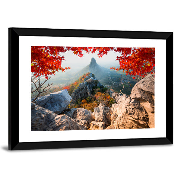 Scenic Khao No Nakhon Sawan Mountain In Thailand Canvas Wall Art in gray, red and green, framed print, product view on a white background