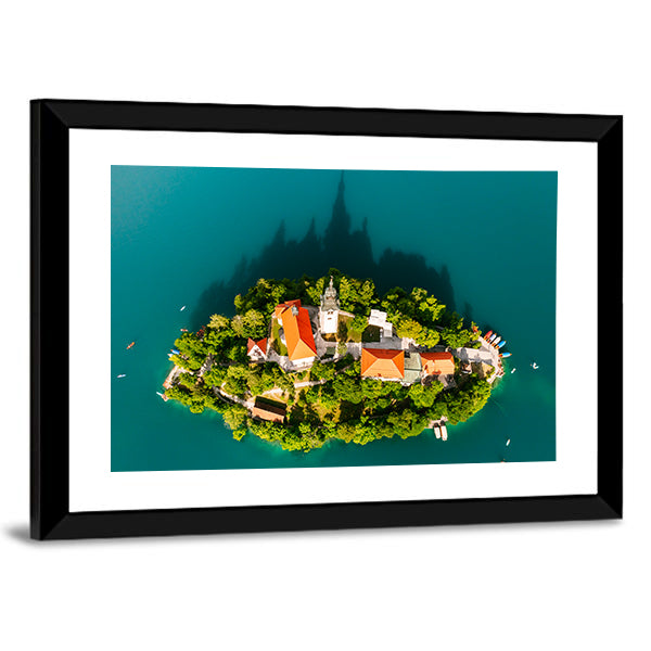 Lake Bled With Assumption Of Maria Church Slovenia Canvas Wall Art in orange, green and blue, framed print, product view on a white background