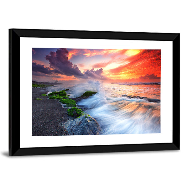 Burning Sky Over Black Sand Beach Canvas Wall Art