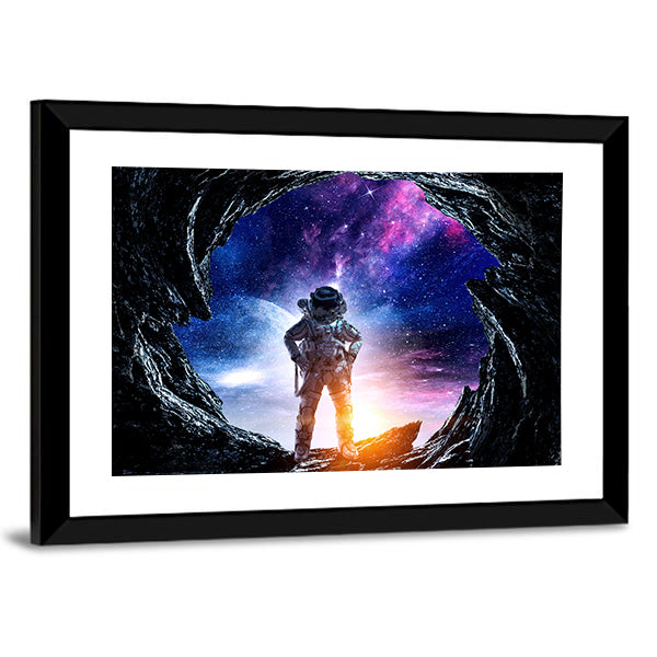 Astronaut at Spacewalk Canvas Wall Art in black, blue and purple, framed print, product view on a white background