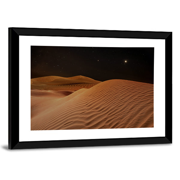 Sandy Desert Under Starry Night Sky Canvas Wall Art in black, brown and orange, framed print, product view on a white background