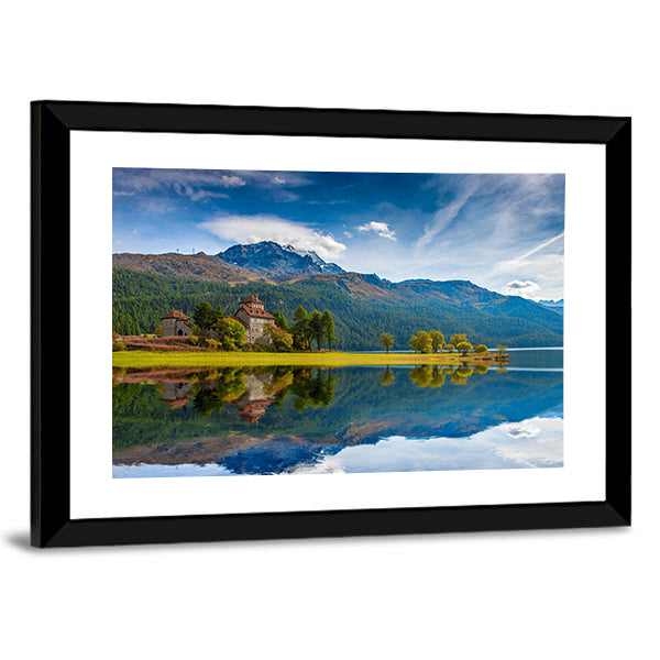 Da Sass Castle on Lake Silvaplana Canvas Wall Art in brown, green and blue, framed print, product view on a white background