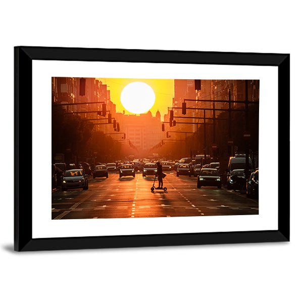 Sunset City Street with Scooter Canvas Wall Art