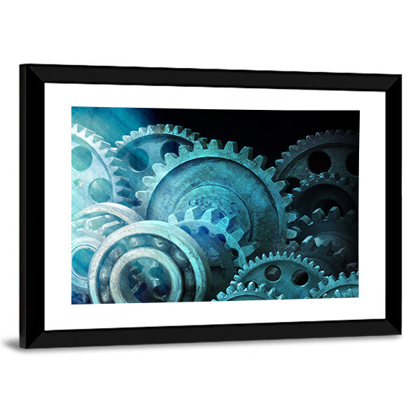 Industrial Cogs Gears Canvas Wall Art in black, gray and blue, framed print, product view on a white background