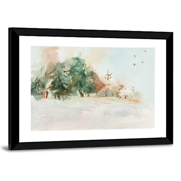 Misty Morning Landscape with Trees Canvas Wall Art