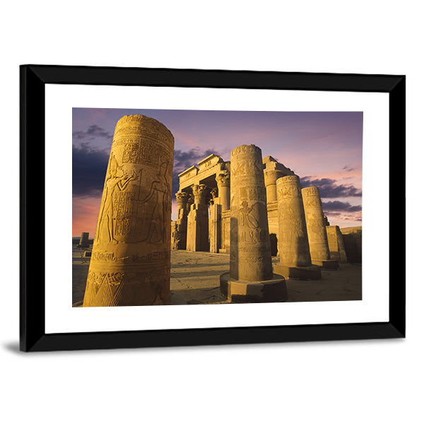 Kom Ombo Temple at Sunset Canvas Wall Art in brown, orange and purple, framed print, product view on a white background