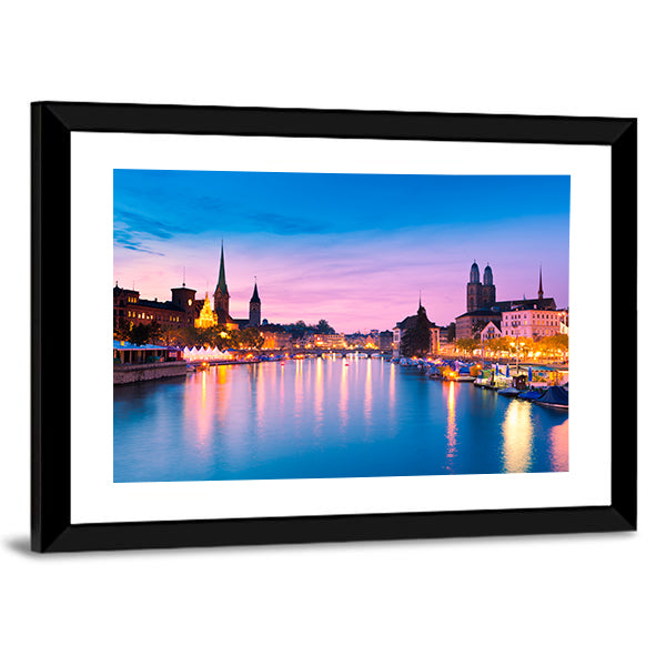 Zurich Skyline At Blue Hour In Switzerland Canvas Wall Art in blue, purple and pink, framed print, product view on a white background