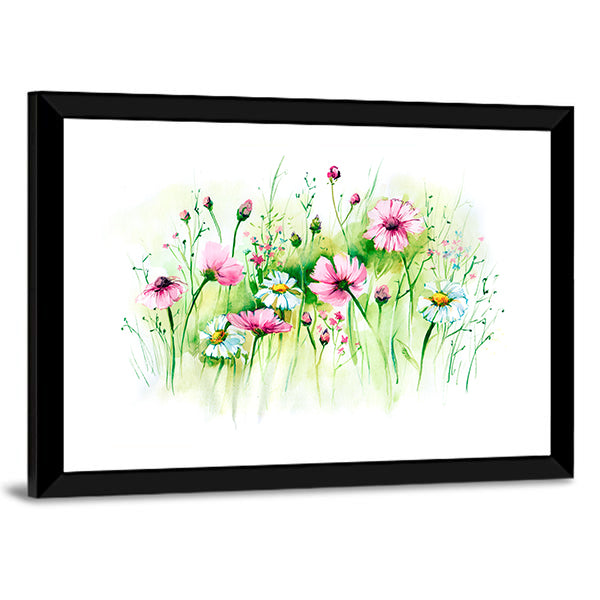 Pink Cosmos and White Daisies Meadow Canvas Wall Art