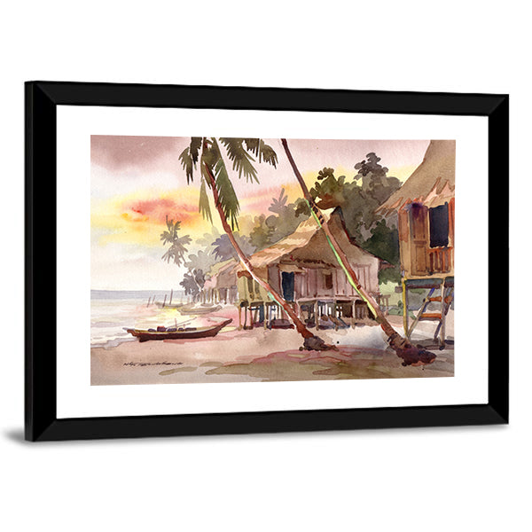Watercolor Stilt Houses at Sunset Canvas Wall Art
