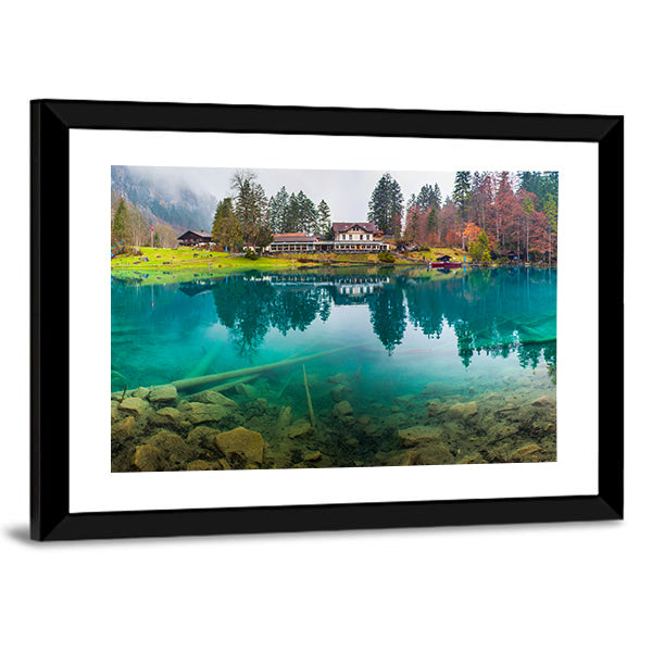 Hotel Forellenzucht in Blausee Town Switzerland Canvas Wall Art in brown, green and blue, framed print, product view on a white background