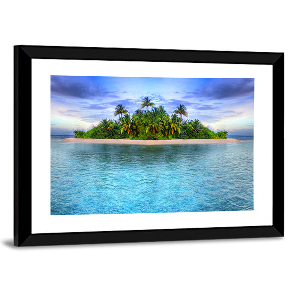 Maldives Tropical Island Canvas Wall Art in green and blue, framed print, product view on a white background