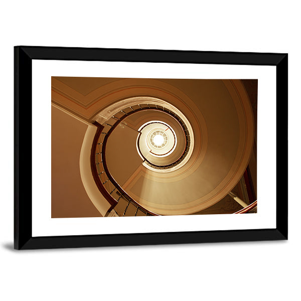 Curvy Spiral Staircase Canvas Wall Art in beige, brown and gold, framed print, product view on a white background
