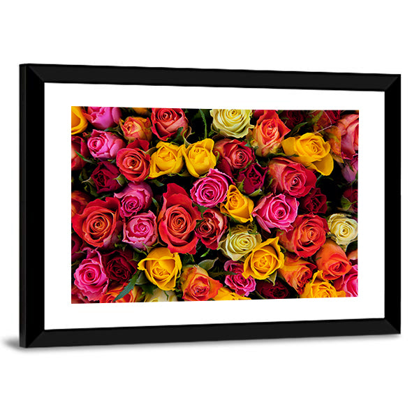 Colorful Roses Bouquet Canvas Wall Art in red, yellow and pink, framed print, product view on a white background