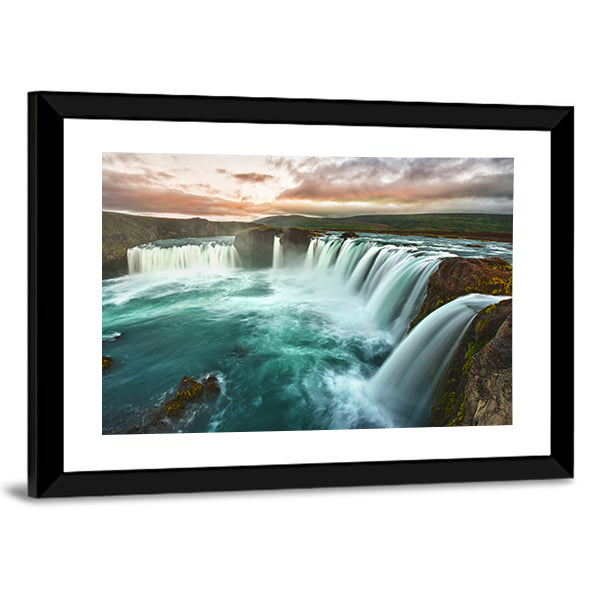 Godafoss Waterfall at Sunset Canvas Wall Art in white, orange and blue, framed print, product view on a white background