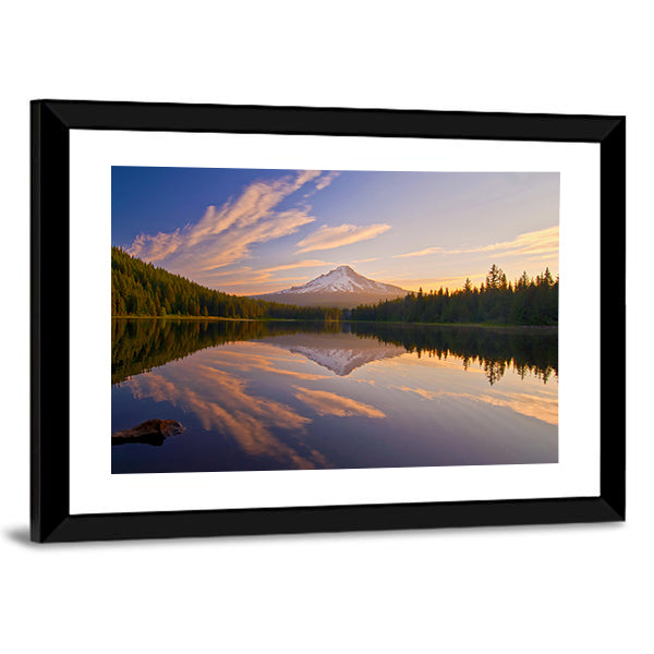 Sunrise In Trillium Lake In Oregon Canvas Wall Art in orange, yellow and blue, framed print, product view on a white background