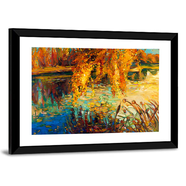 Golden Willow Over Autumn Lake Canvas Wall Art
