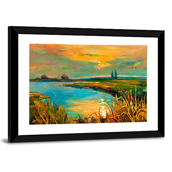 Golden Lakeside Sunset Canvas Wall Art