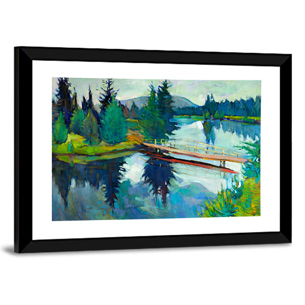 Wooden Bridge Over Reflective River Canvas Wall Art