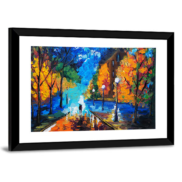 Autumn Couple Under Glowing Streetlights Canvas Wall Art