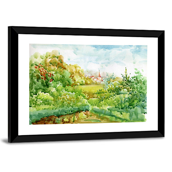 Village Watercolor Landscape with Red-roofed Church Canvas Wall Art