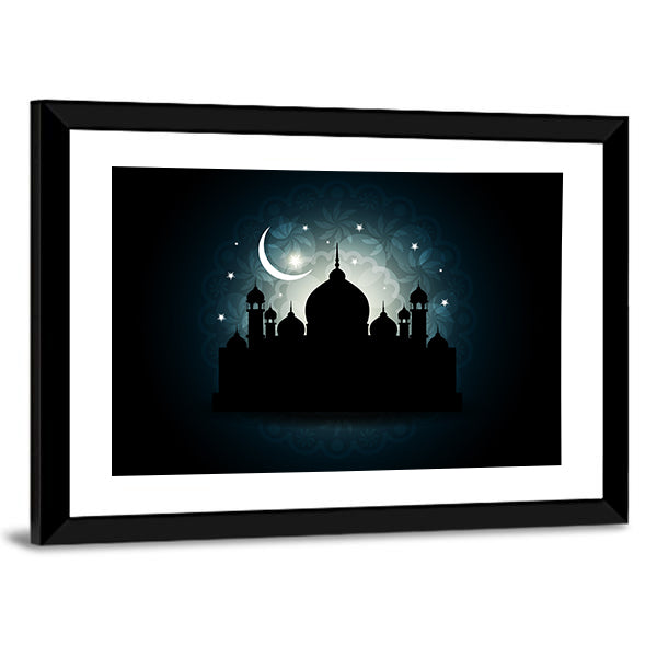 Mosque Silhouette with Crescent Moon and Mandala Canvas Wall Art