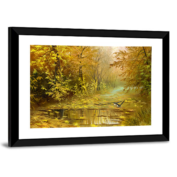 Golden Autumn Forest with Reflecting Puddle Canvas Wall Art