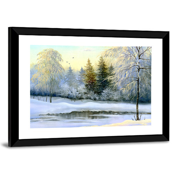 Snow-covered Forest and Frozen River Canvas Wall Art