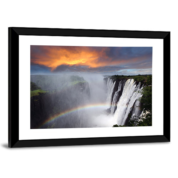 Victoria Falls In Zambia Canvas Wall Art in gray, orange and blue, framed print, product view on a white background
