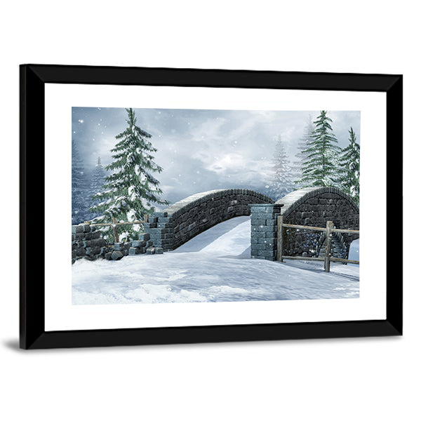 Stone Bridge On A Winter Meadow Canvas Wall Art