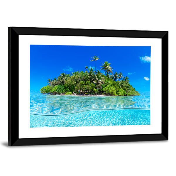 Split-level Tropical Island Canvas Wall Art in green and blue, framed print, product view on a white background