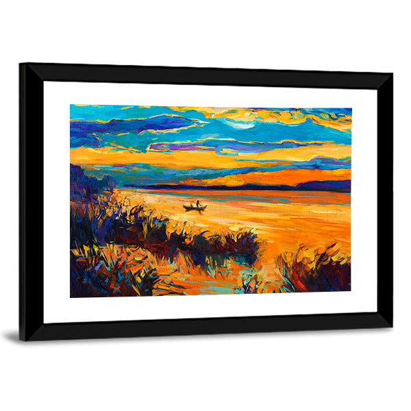 Rowboat on Lake at Sunset Canvas Wall Art
