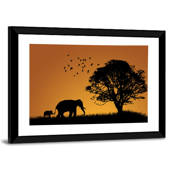 African Elephants In The Sunset Canvas Wall Art
