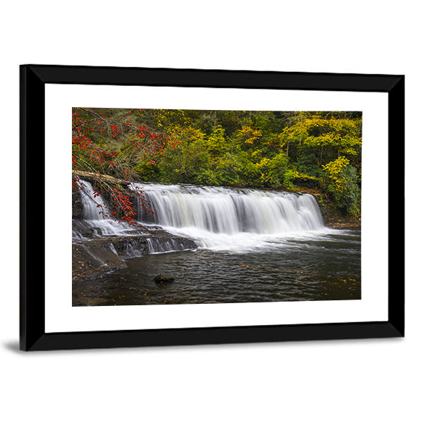 Dupont State Forest Waterfall Canvas Wall Art in white, gray and green, framed print, product view on a white background
