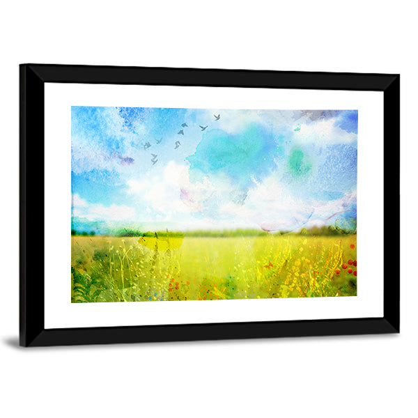 Village Meadow Watercolor Landscape Canvas Wall Art