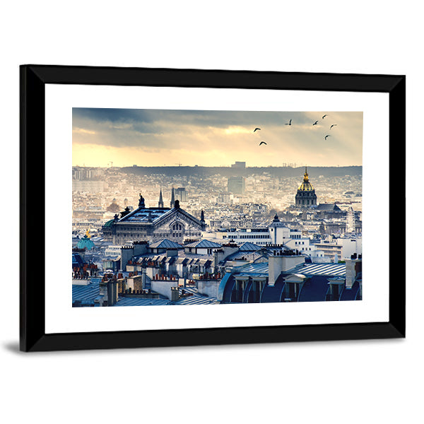 Paris Cityscape Canvas Wall Art in gray, yellow and blue, framed print, product view on a white background
