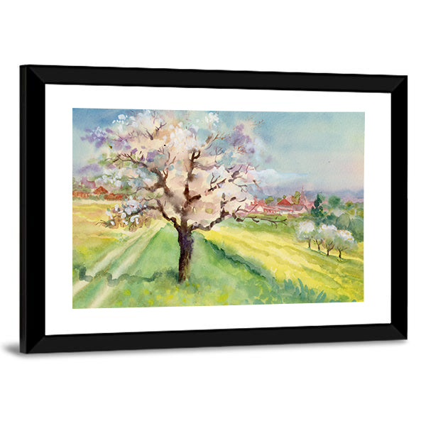 Village Life Watercolor Landscape Canvas Wall Art