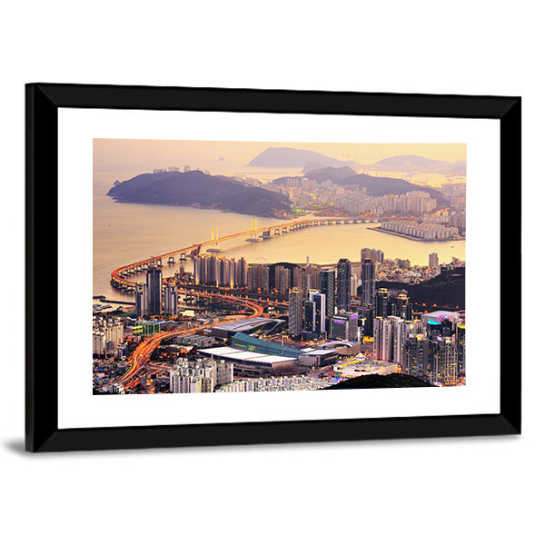 Coastal City Skyline at Golden Dusk Canvas Wall Art