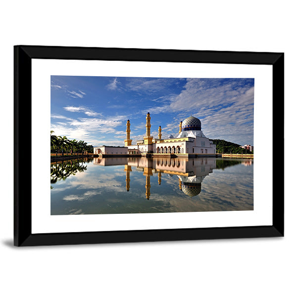Floating City Mosque In Kota Kinabalu Sabah Borneo Canvas Wall Art in white and blue, framed print, product view on a white background
