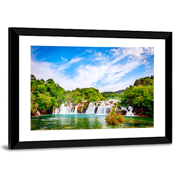 Waterfall In Krka National Park Canvas Wall Art in white, green and blue, framed print, product view on a white background