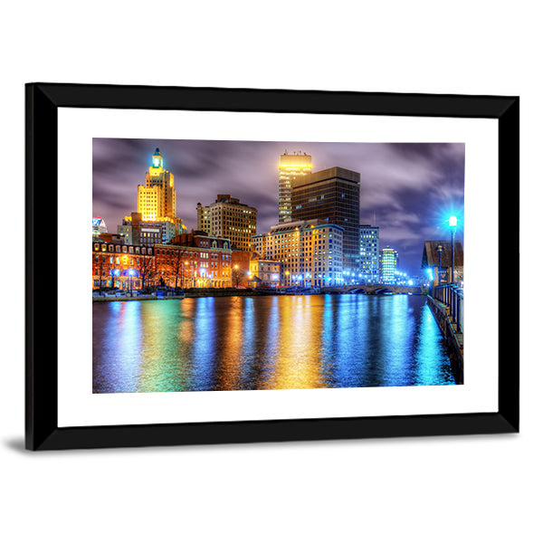 Downtown Providence Skyline with Water Reflections Canvas Wall Art