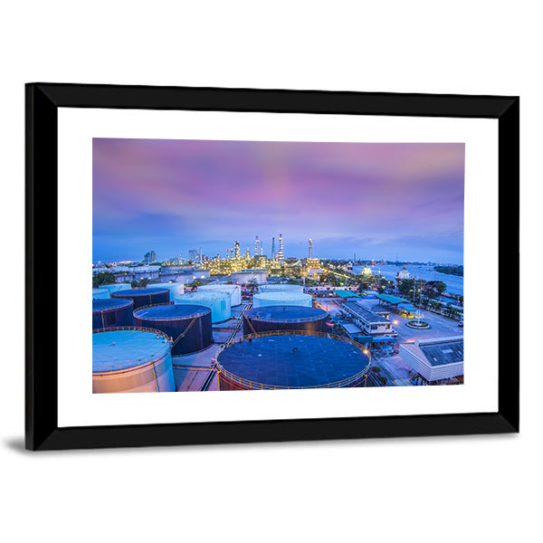 Twilight Oil Refinery with Storage Tanks Canvas Wall Art