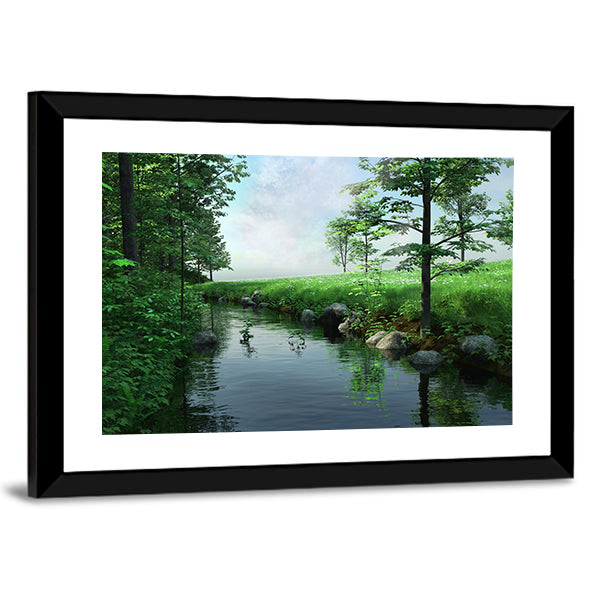Green Meadow by a Winding Stream Canvas Wall Art in green and blue, framed print, product view on a white background