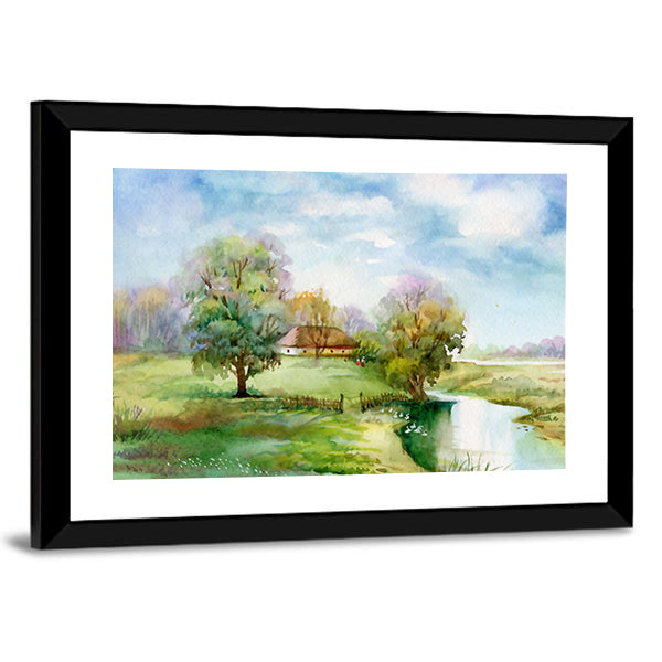 Thatched Cottage Beside Winding River Canvas Wall Art
