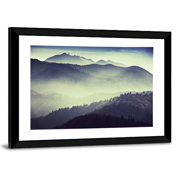 Misty Mountain Valley with Tower Silhouette Canvas Wall Art