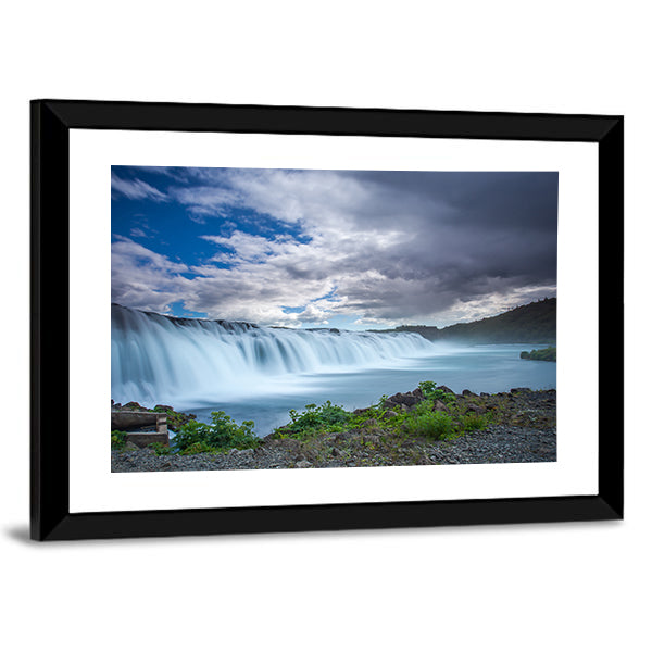 Faxi Waterfall In Iceland Canvas Wall Art in white, gray and blue, framed print, product view on a white background