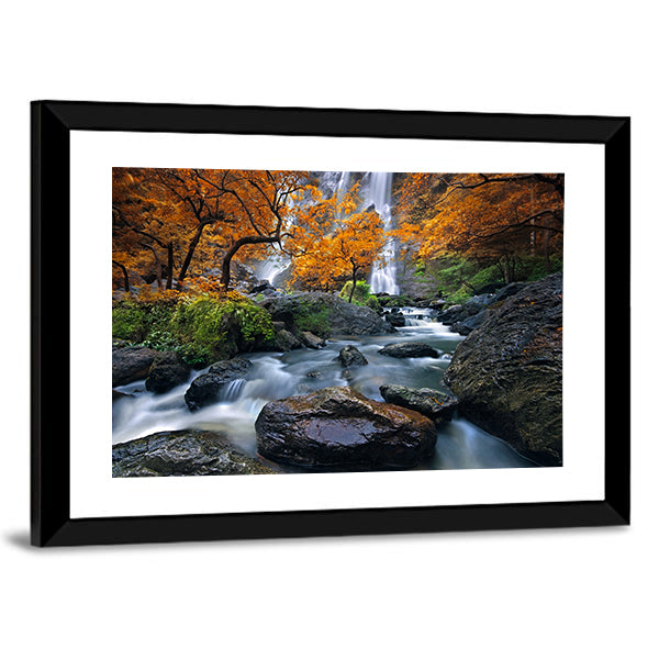 Konglan Waterfall In Kampangpejt Province Thailand Canvas Wall Art in gray, orange and green, framed print, product view on a white background