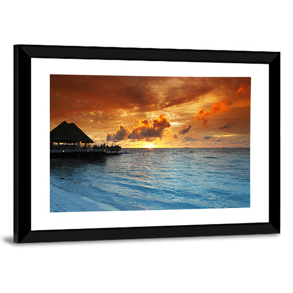 Maldives Thatched Hut on Pier at Sunset Canvas Wall Art