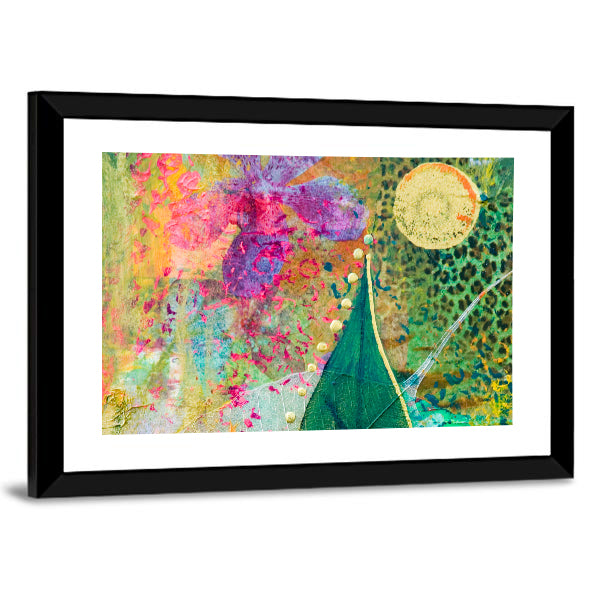 Green Leaf and Purple Orchid Abstract Canvas Wall Art