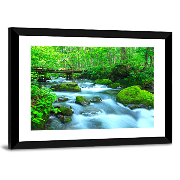 Stream In Spring Forest Canvas Wall Art in white, brown and green, framed print, product view on a white background