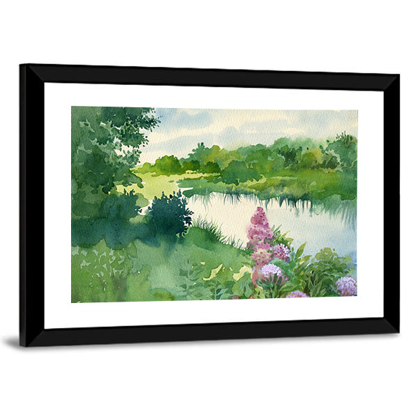 Watercolor River Landscape with Wildflowers Canvas Wall Art